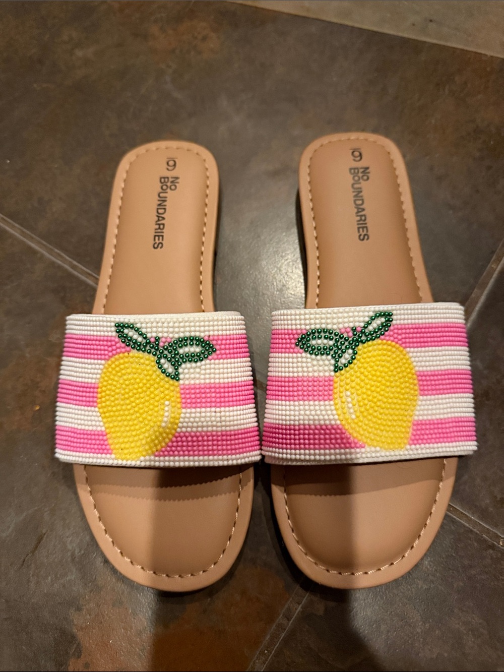 No Boundaries Pink Striped Slide Sandals with Yellow Lemon Bead Accent